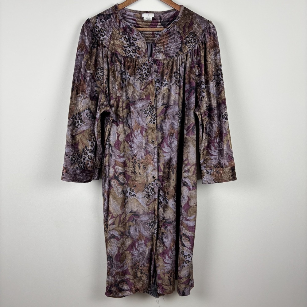 Vintage Simply‎ Basic Robe Housecoat Womens 1X Velvet Grannycore Floral Snap Up